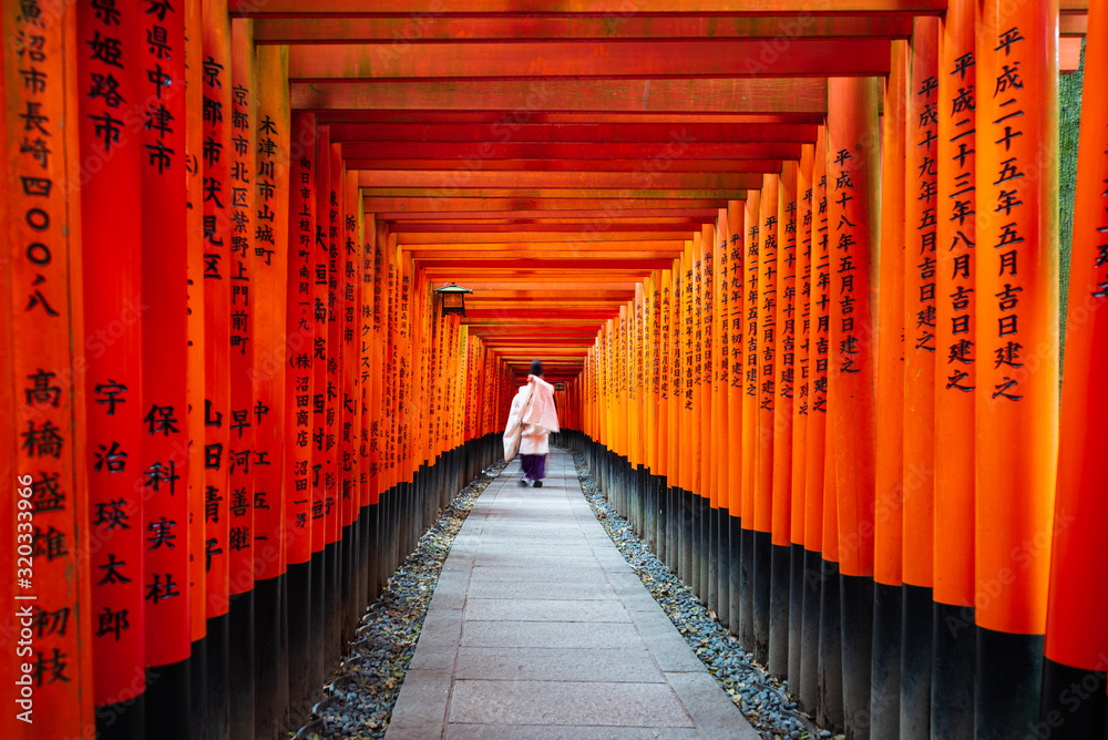 Movement of Monk in thousand torii gate at Fushimi inari shine, Kyoto, Japan Movement of Monk in thousand torii gate at Fushimi inari shine, Kyoto, Japan
