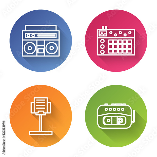 Set line Home stereo with two speakers, Drum machine, Music stand and Music tape player. Color circle button. Vector