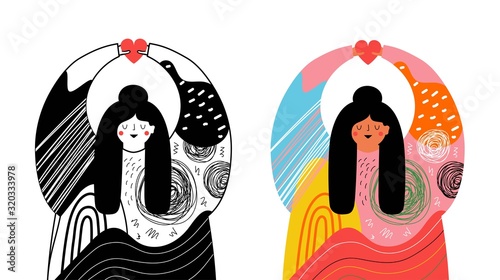 Vector illustration set with colored and monochrome big girl in abstract doodle elements sweater with heart in hands.