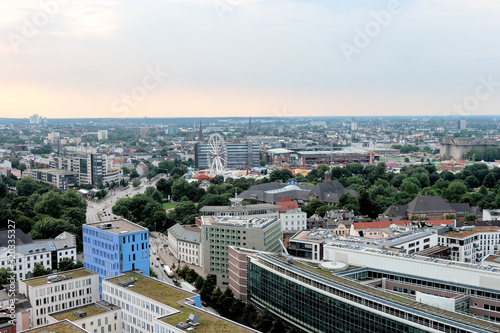 Aerial view of downtown Hamburg  Germany  and the famous funfair Hamburg DOM and Millerntor Stadion is the home stadium of German football team St. Pauli
