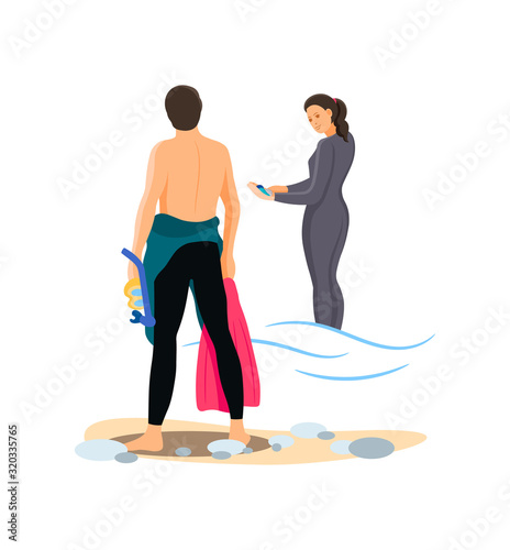 Divers couple together man and woman in swimsuit. Young man put on, take off swimwear and girl in diver costume. People in sportswear, diving extreme sport, activity tourist cartoon vector