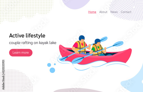 Tourists people group man woman couple water sport. Together paddling rafting on kayak lake. Outdoor sport, active livestyle vector landing page