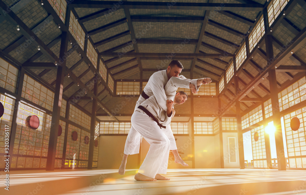 Fototapeta premium Karate fighters on tatami at sunrise. Japanese hall.