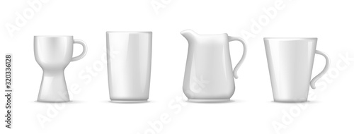 Empty white ceramic, porcelain tableware set. Realistic beverage ceramic crockery tea coffee cups, ceramic glass for tea, cream cup, glass for alcoholic drinks. Kitchen utensils, kitchenware vector