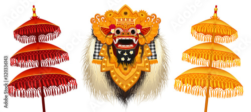 Traditional Balinese Barong mask and colorful ritual umbrellas vector illustrations set isolated on white background
