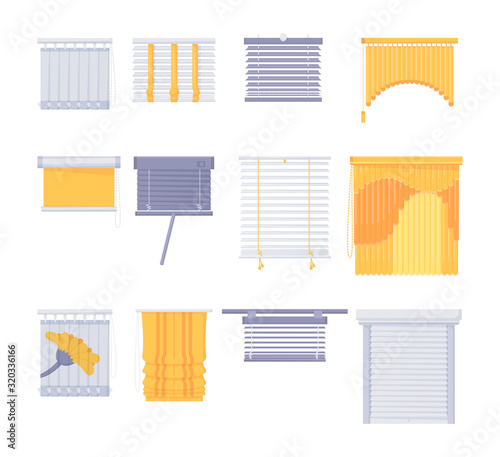 Window blinds horizontal vertical closed open set. Realistic blind roman curtains jalousie drapery for office house room interior mockup vector illustration