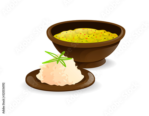 Traditional indian dish dal with rice, spicy soup. India dishes menu restaurant breakfast and dinner cartoon vector illustration