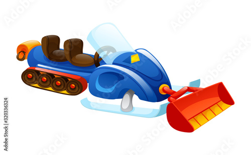 Winter snow removal. Rubber bucket snowmobile machine snowplow to remove snow. Vehicle, transportation on white background isolated vector illustration