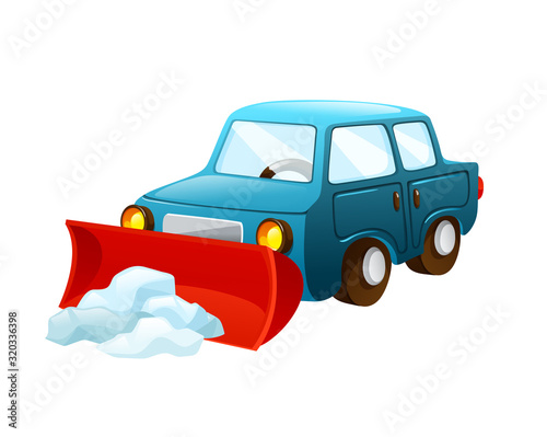 Winter snow removal. Car with nozzle for snow removal machine snowplow to remove snow. Vehicle, transportation on white background isolated vector illustration