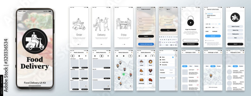 Mobile app design, UI, UX, GUI Mockups Set. Enter login and password and a screen with a choice of restaurants and cafes. City map navigation and customer reviews photo