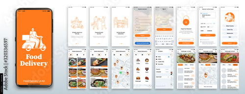 Mobile app design, UI, UX, GUI Mockups Set. Enter login and password and a screen with a choice of restaurants and cafes. City map navigation and customer reviews