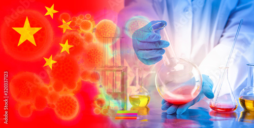 Pharmacological laboratory, flag of China and coronavirus molecules.Distribution of coronavirus from PRC. Search for a vaccine against 2019-nCoV. The disease from Wuhan is spreading to other countries
