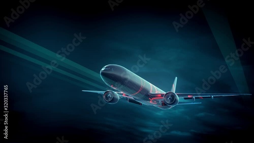 a digital plane with wifi energy across the exterior body flying in a digital space.