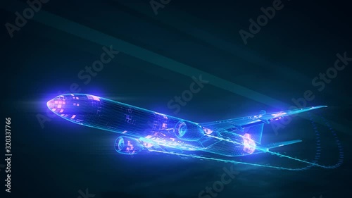 outlined plane fly into the scene in a holographic feel. photo