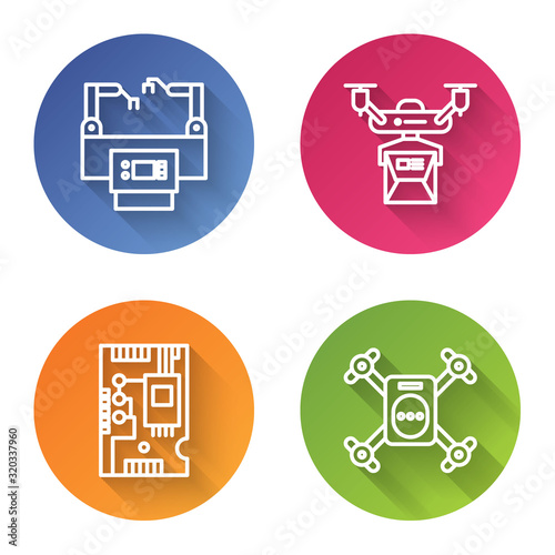 Set line Assembly line, Drone delivery concept, Electronic computer components motherboard digital chip and Drone flying with action camera. Color circle button. Vector