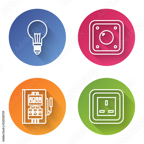 Set line Light bulb with concept of idea, Electric light switch, Electrical panel and Electrical outlet. Color circle button. Vector