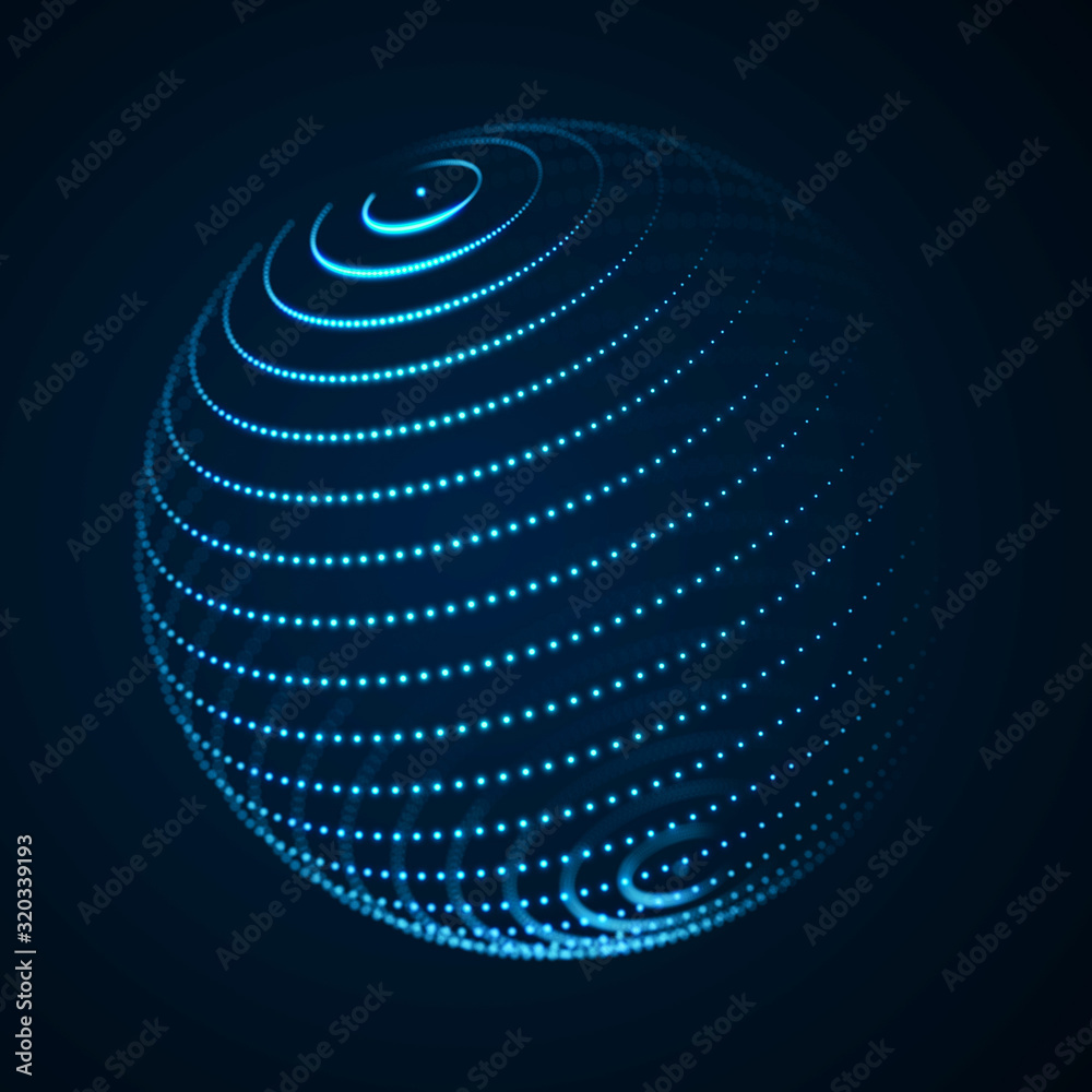 3d abstract sphere. Sphere particles on dark background. Science and technology. 3d rendering.