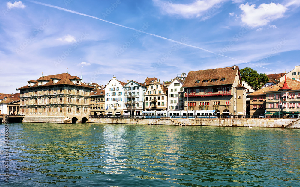 Town Hall at Limmat River quay, Zurich, Switzerland. Mixed media.