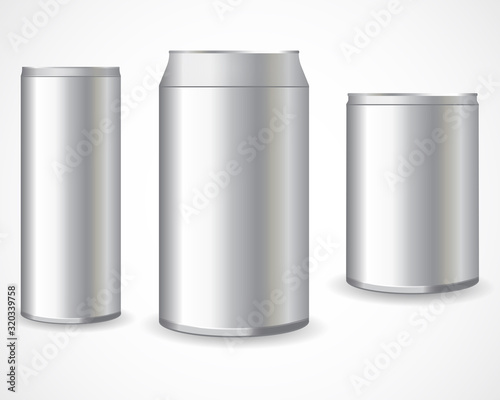 Realistic metal cans. Aluminum bear soda and lemonade cans, energy drink blank mockup.