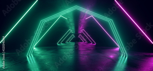 Neon Glowing Laser Arc Blue Purple Pantone Shape Light In Dark Garage Underground Stage Studio Concrete Grunge reflective Cyber 3D Rendering