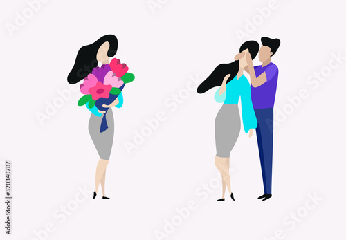 Happy woman with flowers, date, surprise. 