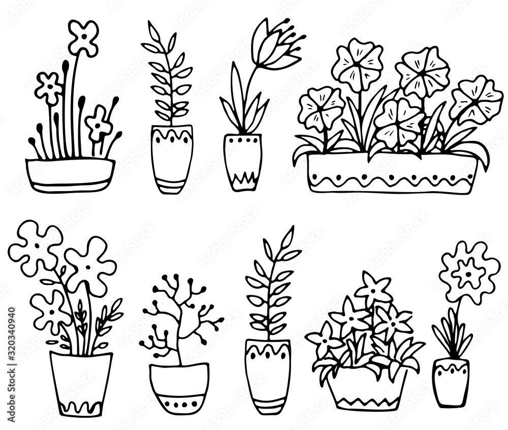 Set of flowers in a pot on a white background. Doodle. Vector illustration. Perfect for coloring book, greeting card, print, invitation. Set of flowers in a pot on a white background. Doodle. Vector illustration. Perfect for coloring book, greeting card, print, invitation.