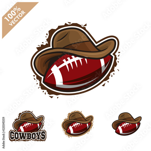 Football rugby ball with cowboy hat vector logo for club or team.