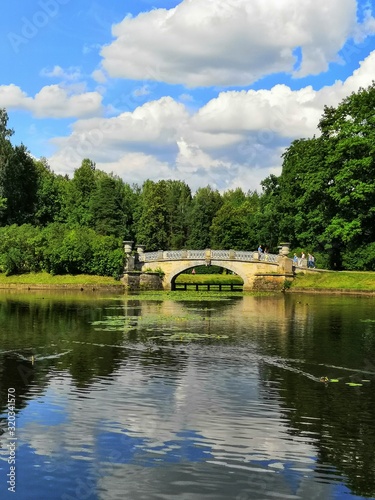 View of the pond with a bridge