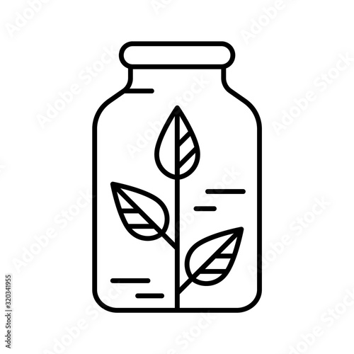 Homeopath logo. Linear bottle with plant inside icon. Black simple illustration. Contour isolated vector image on white background. Sprout with leaves as symbol of herbal medicine