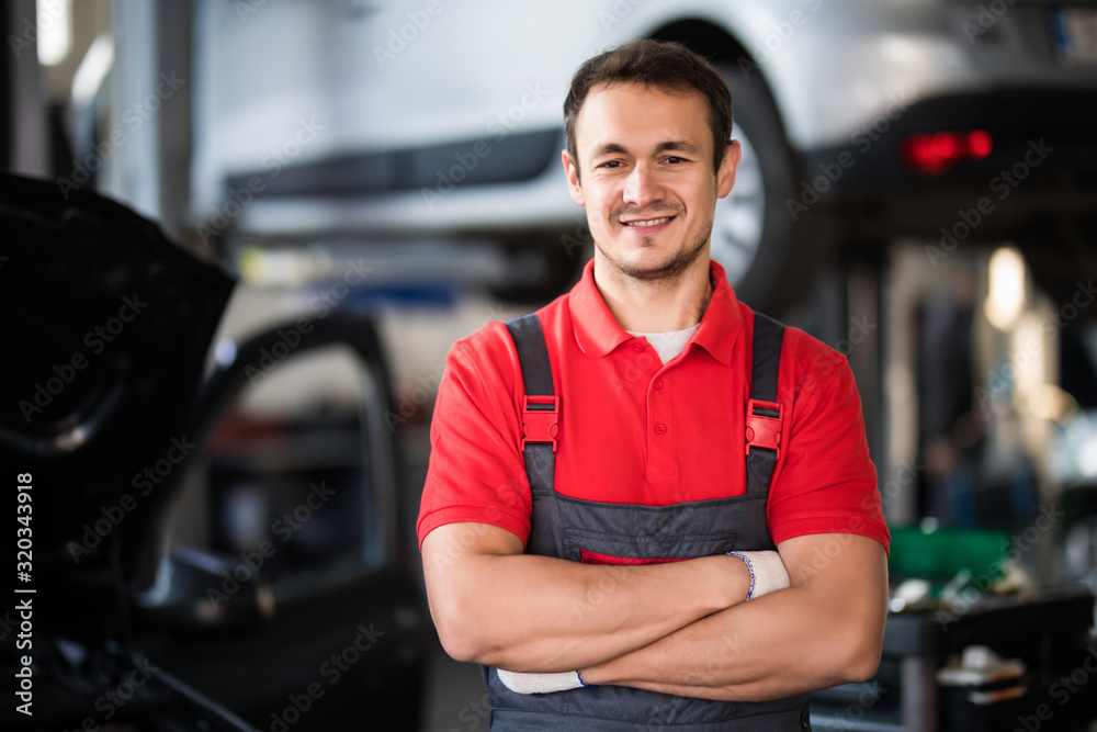 Portrait of a young beautiful car mechanic in a car workshop, in the background of service.
