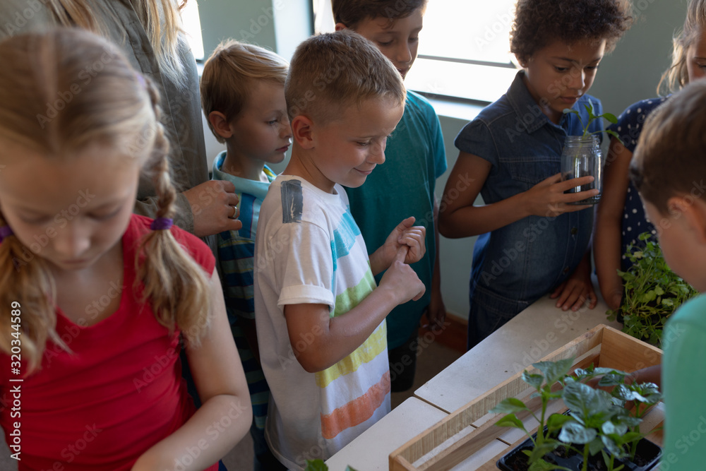 Obraz premium Group of schoolchildren looking at plants in an elementary school classroom