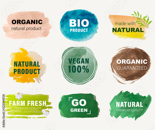 set of Organic label and natural label hand drawn brush. Tag and Sticker Farm fresh logo vegan food mark.
