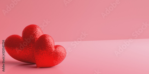 Two glittering red hearts on a gradient pink background. Valentines Day, weddings, cards, advertisements and product displays.3D rendering.
