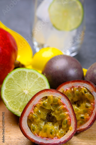 Ingredients for non-alchoholic exotic cocktail made from frech tropical fruits