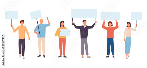 Young protesting people holding banners and placards. Male and female activists. Flat cartoon vector illustration