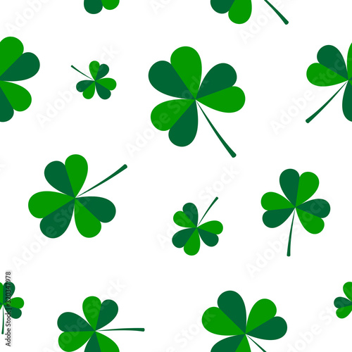Seamless white background with clover leaf. Pattern for Saint Patrick Day. Vector graphic illustration.