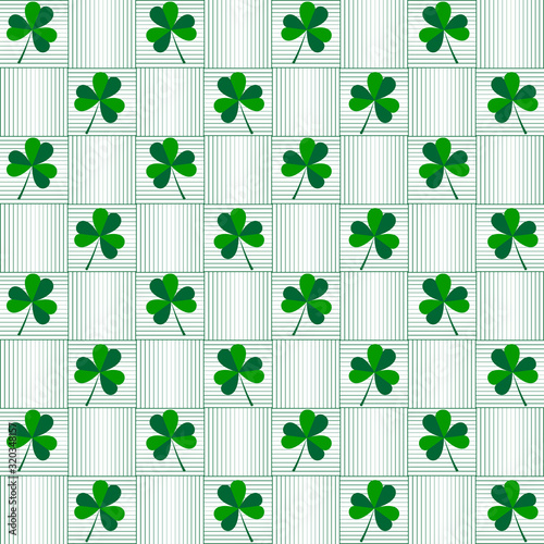 Seamless background  with clover leaf and stripes in square . Pattern for Saint Patrick Day. Vector graphic illustration.