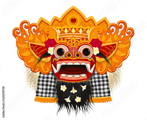 Traditional ritual Balinese Barong god golden face mask with fur decorated by flowers, vector stylized illustration isolated on white background