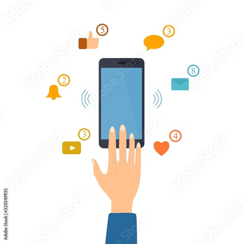 Hand reaches for the smartphone for checking social network push notification. Social media influence. Social network addiction concept illustration. Vector.