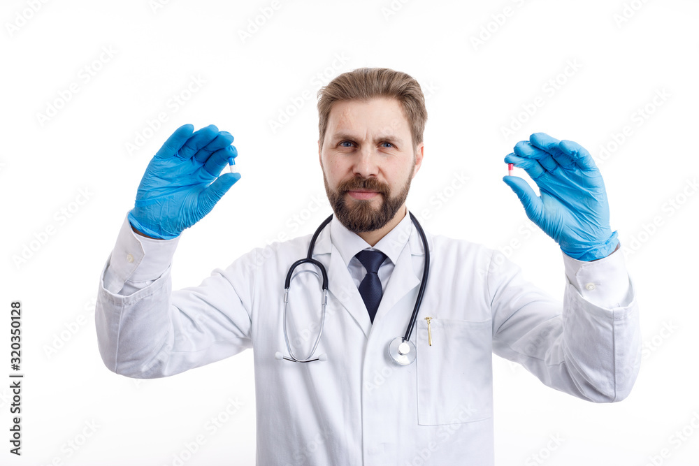 Brown-haired male physician in scrubs and gloves offering blue and red pills matrix style isolated white background Brown-haired male physician in scrubs and gloves offering blue and red pills matrix style isolated white background