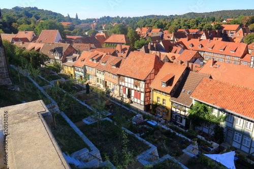 Historic timber frame houses in the medieval town Quedlinburg, North of the Harz mountains. Saxony-Anhalt, Germany