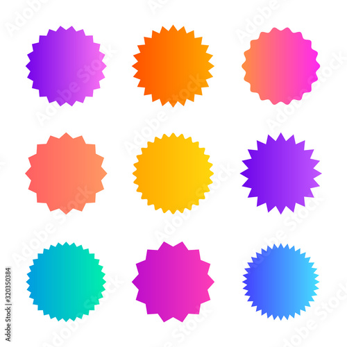Set of colored gradient starburst badges icon. Sunburst stickers for price, promo, quality, sale tags. Vector graphic design