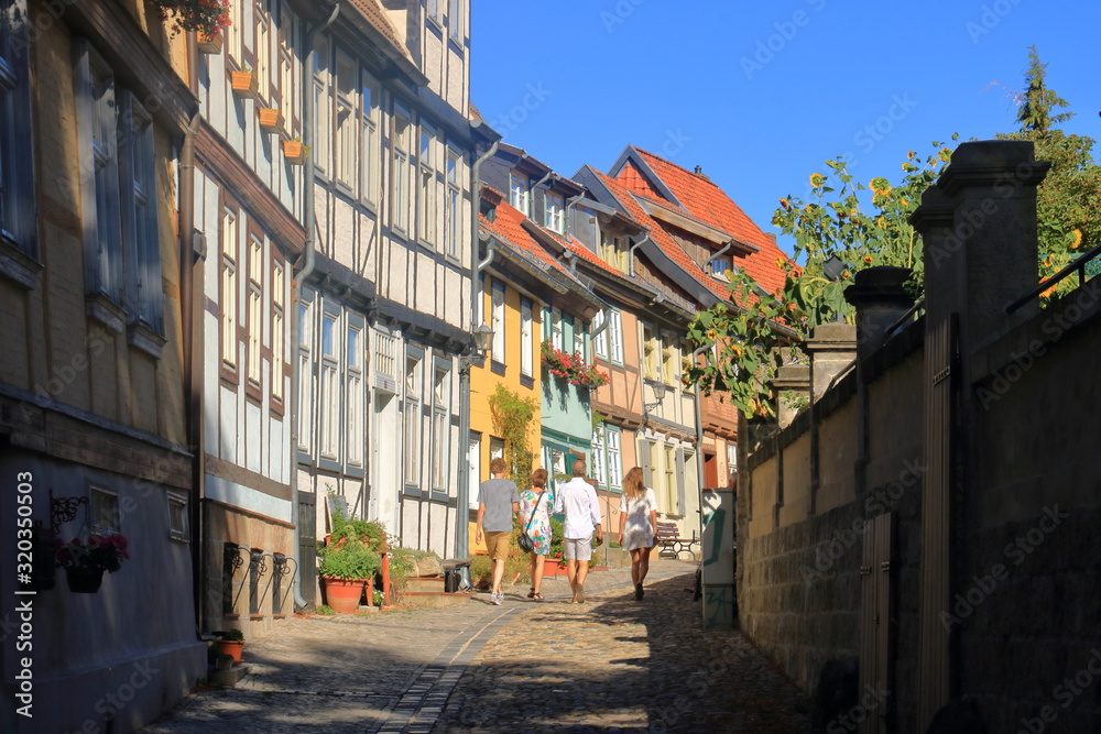 Obraz premium Historic timber frame houses in the medieval town Quedlinburg, North of the Harz mountains. Saxony-Anhalt, Germany