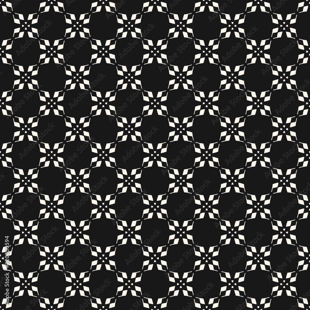 Vector geometric floral seamless pattern. Abstract black and white texture with small grid, lattice, mesh, crosses, flower silhouettes. Simple monochrome background. Stylish dark decorative design Vector geometric floral seamless pattern. Abstract black and white texture with small grid, lattice, mesh, crosses, flower silhouettes. Simple monochrome background. Stylish dark decorative design