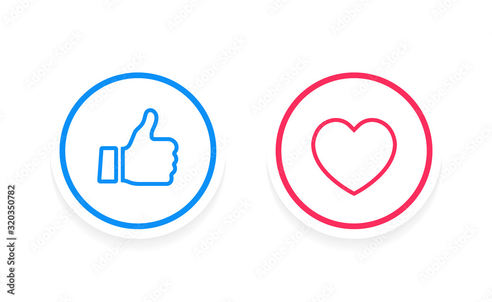 Thumbs up and heart label on a white background. Social media icons. Thin line design. Vector illustration Thumbs up and heart label on a white background. Social media icons. Thin line design. Vector illustration