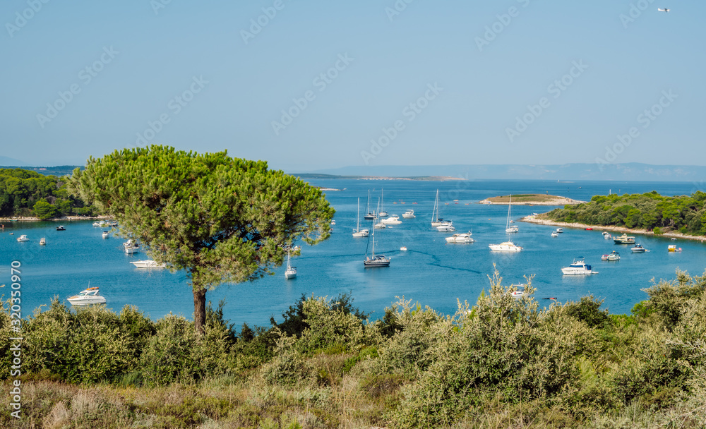 Picturesque bay with many moored sailing yachts, Adriatic coast of Croatia, Cape Kamenjak is a wonderful nature park located on the Premantura peninsula on the southern tip of Istria. Picturesque bay with many moored sailing yachts, Adriatic coast of Croatia, Cape Kamenjak is a wonderful nature park located on the Premantura peninsula on the southern tip of Istria.