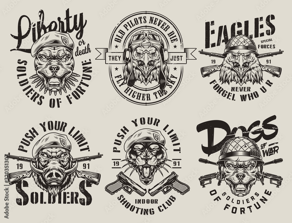 Fototapeta premium Vintage wojskowe herby monochromatyczne