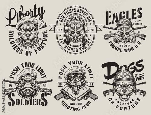 Vintage military monochrome emblems