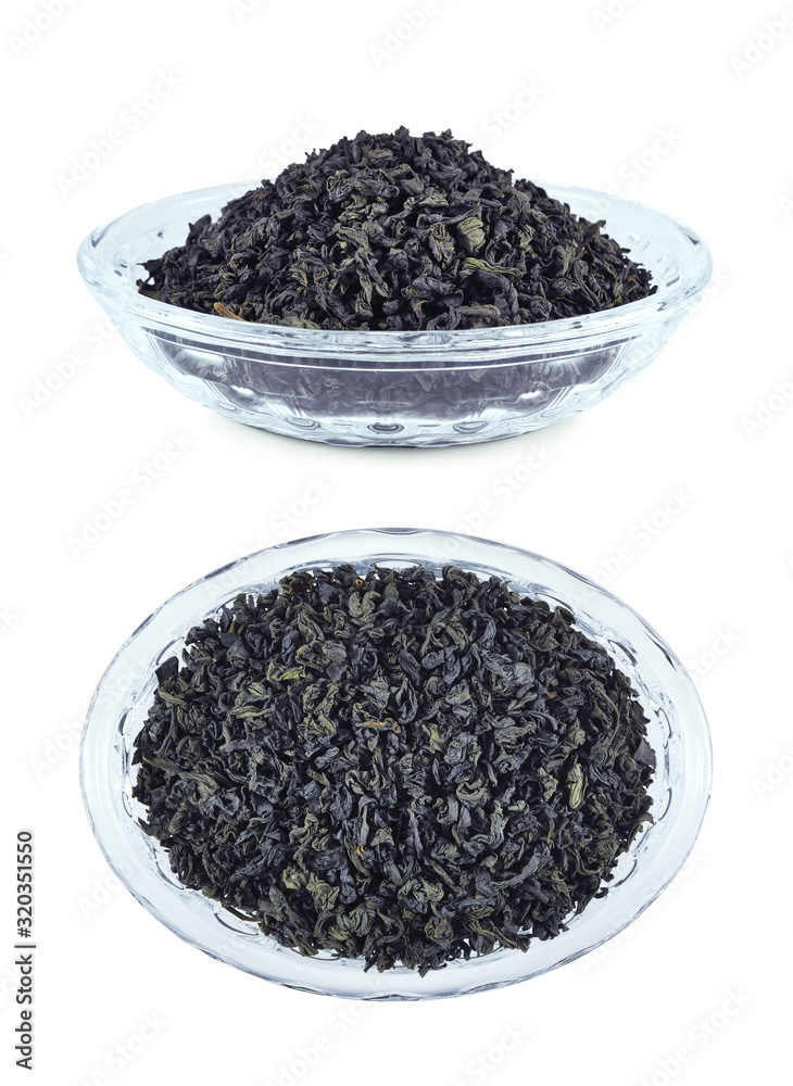 Black pekoe tea in glass bowl, top and side view, isolated on white background Black pekoe tea in glass bowl, top and side view, isolated on white background