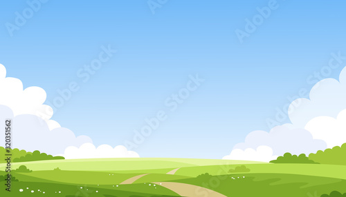 Sunny spring or summer landscape, road, meadows, sky with clouds. Green farm banner, concept of caring for nature and ecology. Flat cartoon vector illustration.